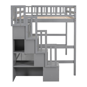 English Elm Full Size Loft Bed With Integrated Desk, Storage Staircase & Modern Grey Finish For Space-Saving W504S00109