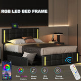 Queen Upholstered Platform Bed - LED Lights USB Charging 4 Drawers Storage