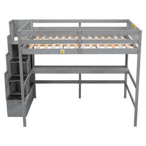 English Elm Full Size Loft Bed With Integrated Desk, Storage Staircase & Modern Grey Finish For Space-Saving W504S00109