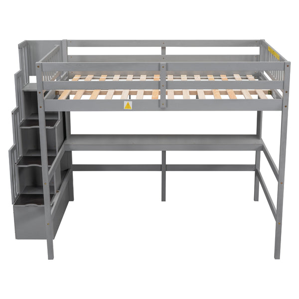 English Elm Full Size Loft Bed With Integrated Desk, Storage Staircase & Modern Grey Finish For Space-Saving W504S00109