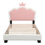 English Elm Twin Size Upholstered Princess Bed With Crown Headboard,Twin Size Platform Bed With Headboard and Footboard, White+Pink