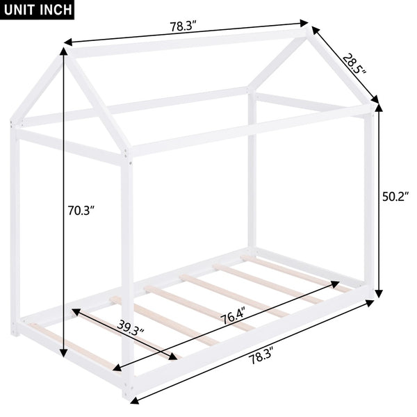 English Elm Twin House Bed Pine Wood Frame with Peaked Roofline Low Profile Kids Bedroom WF197557AAK