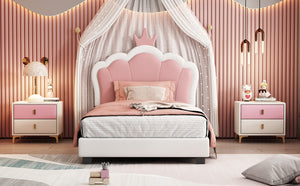 English Elm Twin Platform Bed Upholstered Crown Headboard Storybook Style for Girls Bedroom Cream N733P180807K