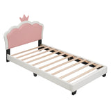 English Elm Twin Size Upholstered Princess Bed With Crown Headboard,Twin Size Platform Bed With Headboard and Footboard, White+Pink