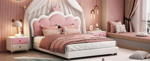 English Elm Full Upholstered Princess Bed with Crown Headboard — Sturdy Full Platform Bed for Girls, 500lb Capacity Cream 58.86 L x 25.98 W x 6.5 H N733P180808K