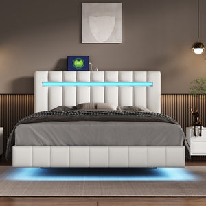 English Elm Queen Size Floating Bed Frame With Led Lights and Usb Charging,Modern Upholstered Platform Led Bed Frame, White