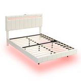 English Elm Queen Size Floating Bed Frame With Led Lights and Usb Charging,Modern Upholstered Platform Led Bed Frame, White