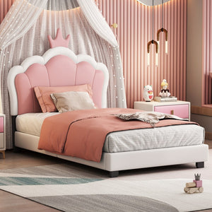 English Elm Twin Platform Bed Upholstered Crown Headboard Storybook Style for Girls Bedroom Cream N733P180807K