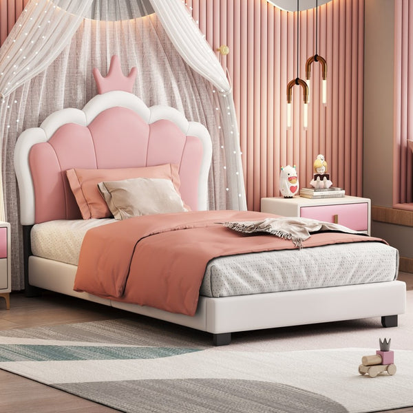 English Elm Twin Platform Bed Upholstered Crown Headboard Storybook Style for Girls Bedroom Cream N733P180807K