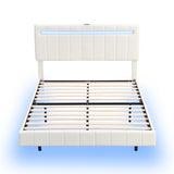 English Elm Queen Size Floating Bed Frame With Led Lights and Usb Charging,Modern Upholstered Platform Led Bed Frame, White