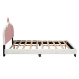 English Elm Full Size Upholstered Princess Bed With Crown Headboard,Full Size Platform Bed With Headboard and Footboard, White+Pink