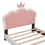 English Elm Twin Size Upholstered Princess Bed With Crown Headboard,Twin Size Platform Bed With Headboard and Footboard, White+Pink