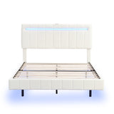 English Elm Queen Size Floating Bed Frame With Led Lights and Usb Charging,Modern Upholstered Platform Led Bed Frame, White