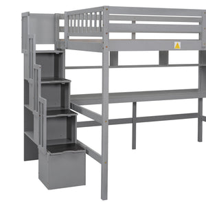 English Elm Full Size Loft Bed With Integrated Desk, Storage Staircase & Modern Grey Finish For Space-Saving W504S00109