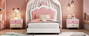 English Elm Twin Platform Bed Upholstered Crown Headboard Storybook Style for Girls Bedroom Cream N733P180807K