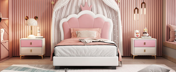 English Elm Twin Platform Bed Upholstered Crown Headboard Storybook Style for Girls Bedroom Cream N733P180807K