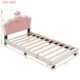 English Elm Twin Size Upholstered Princess Bed With Crown Headboard,Twin Size Platform Bed With Headboard and Footboard, White+Pink