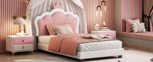 English Elm Twin Platform Bed Upholstered Crown Headboard Storybook Style for Girls Bedroom Cream N733P180807K
