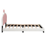 English Elm Twin Size Upholstered Princess Bed With Crown Headboard,Twin Size Platform Bed With Headboard and Footboard, White+Pink