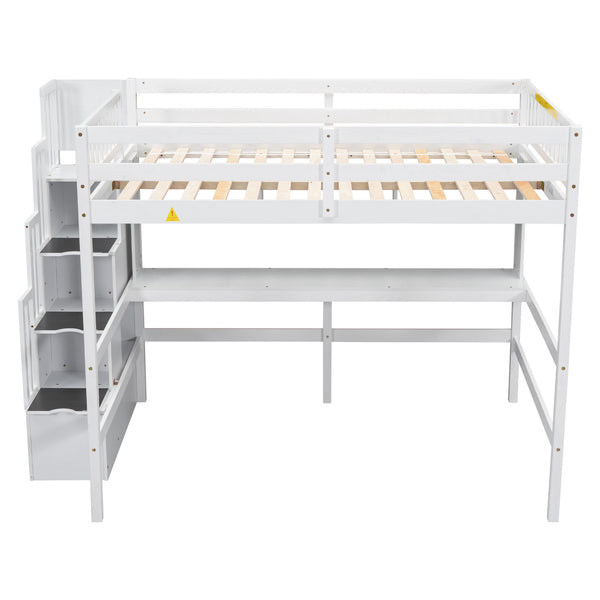 English Elm Full Size Loft Bed With Integrated Desk, Bookshelves & Storage Staircase - Space-Saving Design! W504S00110