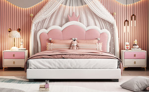 English Elm Full Upholstered Princess Bed with Crown Headboard — Sturdy Full Platform Bed for Girls, 500lb Capacity Cream 58.86 L x 25.98 W x 6.5 H N733P180808K