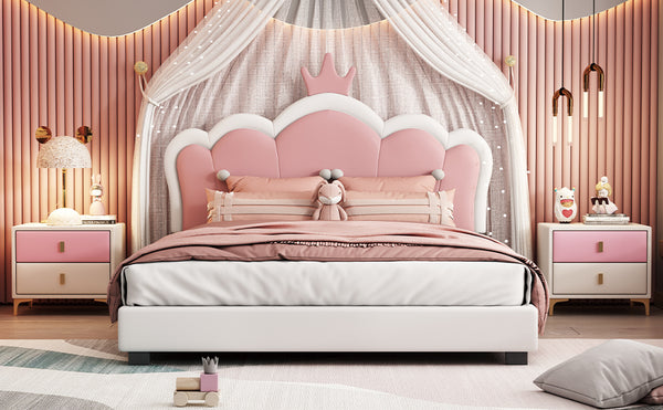 English Elm Full Upholstered Princess Bed with Crown Headboard — Sturdy Full Platform Bed for Girls, 500lb Capacity Cream 58.86 L x 25.98 W x 6.5 H N733P180808K