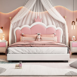 English Elm Full Upholstered Princess Bed with Crown Headboard — Sturdy Full Platform Bed for Girls, 500lb Capacity Cream 58.86 L x 25.98 W x 6.5 H N733P180808K
