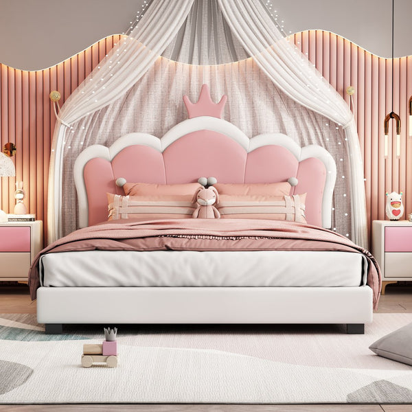 English Elm Full Upholstered Princess Bed with Crown Headboard — Sturdy Full Platform Bed for Girls, 500lb Capacity Cream 58.86 L x 25.98 W x 6.5 H N733P180808K