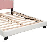 English Elm Full Size Upholstered Princess Bed With Crown Headboard,Full Size Platform Bed With Headboard and Footboard, White+Pink