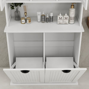 English Elm Two-compartment Tilt-out Laundry Cabinet Tall White Mdf Bathroom Storage with Shelves W1120S00001