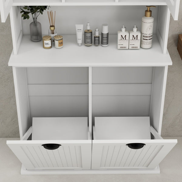 English Elm Two-compartment Tilt-out Laundry Cabinet Tall White Mdf Bathroom Storage with Shelves W1120S00001