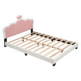 English Elm Full Size Upholstered Princess Bed With Crown Headboard,Full Size Platform Bed With Headboard and Footboard, White+Pink