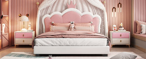 English Elm Full Upholstered Princess Bed with Crown Headboard — Sturdy Full Platform Bed for Girls, 500lb Capacity Cream 58.86 L x 25.98 W x 6.5 H N733P180808K