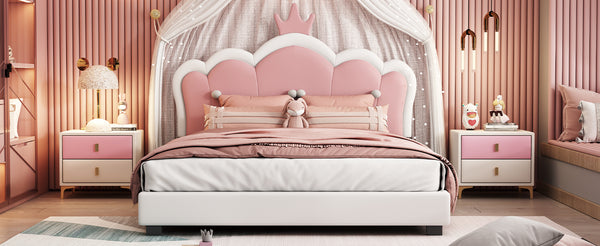 English Elm Full Upholstered Princess Bed with Crown Headboard — Sturdy Full Platform Bed for Girls, 500lb Capacity Cream 58.86 L x 25.98 W x 6.5 H N733P180808K