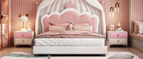 English Elm Full Size Upholstered Princess Bed With Crown Headboard,Full Size Platform Bed With Headboard and Footboard, White+Pink