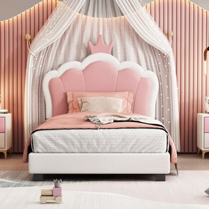 English Elm Twin Platform Bed Upholstered Crown Headboard Storybook Style for Girls Bedroom Cream N733P180807K