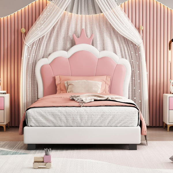 English Elm Twin Platform Bed Upholstered Crown Headboard Storybook Style for Girls Bedroom Cream N733P180807K