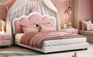 English Elm Full Upholstered Princess Bed with Crown Headboard — Sturdy Full Platform Bed for Girls, 500lb Capacity Cream 58.86 L x 25.98 W x 6.5 H N733P180808K