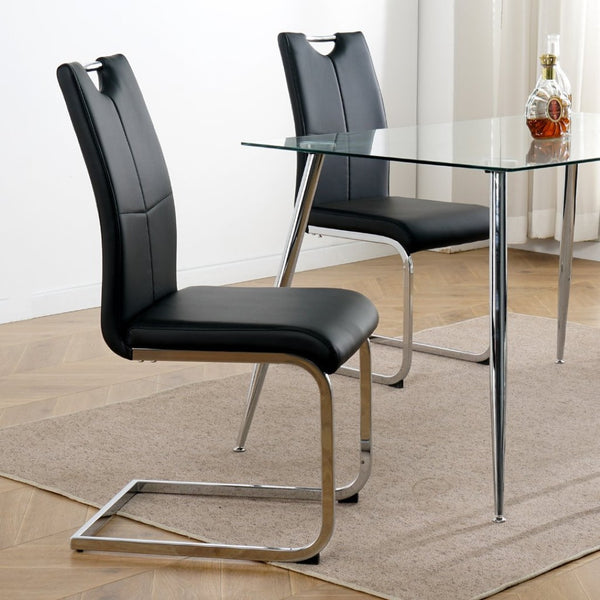 English Elm Modern Faux Leather Dining Side Chairs with Chrome Legs Ergonomic Set of 2 Black+Silver W210127285