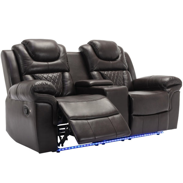 English Elm Home Theater Manual Reclining Loveseat Faux Leather with Led Lighting and Storage Console Brown WF310726AAD
