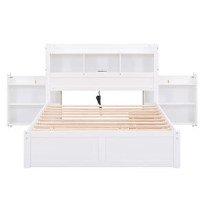 English Elm Full Full Size Storage Platform Bed with Trundle, 4-Tier Headboard Shelves and Dual Drawers, Solid Wood White GX000356AAK