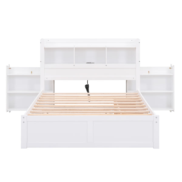 English Elm Full Full Size Storage Platform Bed with Trundle, 4-Tier Headboard Shelves and Dual Drawers, Solid Wood White GX000356AAK