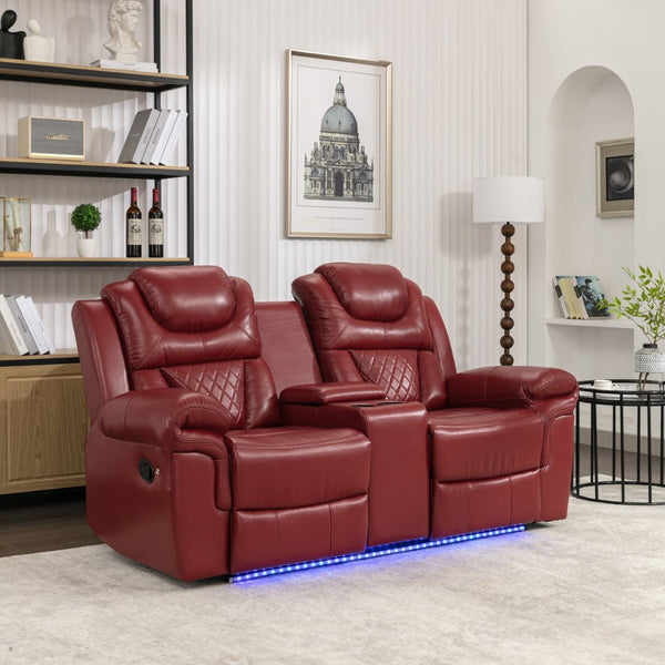 English Elm 3 Piece Faux Leather Manual Recliner Set with Led Base Lighting and Console Wine Red SG001130AAJ