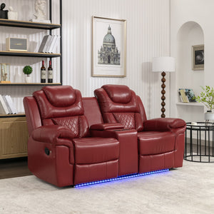 Hearth and Haven Home Theater Seating Manual Recliner Loveseat with Hide-Away Storage, Cup Holders and Led Light Strip For Living Room, Wind Red WF310726AAJ