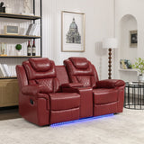 Hearth and Haven Home Theater Seating Manual Recliner Loveseat with Hide-Away Storage, Cup Holders and Led Light Strip For Living Room, Wind Red WF310726AAJ