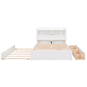 English Elm Full Full Size Storage Platform Bed with Trundle, 4-Tier Headboard Shelves and Dual Drawers, Solid Wood White GX000356AAK