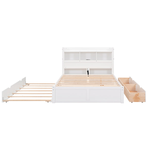 English Elm Full Full Size Storage Platform Bed with Trundle, 4-Tier Headboard Shelves and Dual Drawers, Solid Wood White GX000356AAK