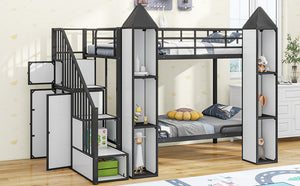 English Elm Metal Castle Twin over Twin Bunk Bed with Staircase Storage, Built-in Wardrobe and Sturdy Frame White+Black GX000630AAB