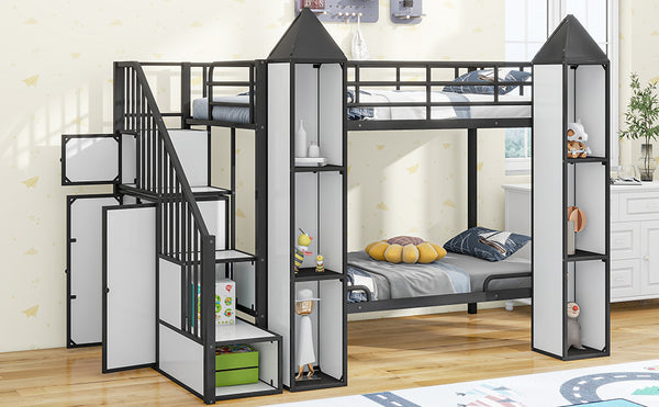 English Elm Metal Castle Twin over Twin Bunk Bed with Staircase Storage, Built-in Wardrobe and Sturdy Frame White+Black GX000630AAB
