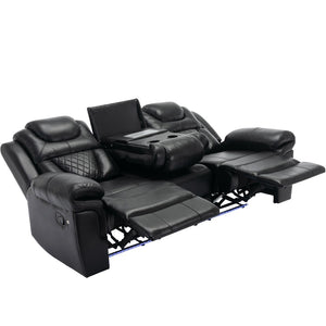English Elm Home Theater Manual Recliner with Led Strip Console Usb Charging Faux Leather Seat Black WF310727AAB